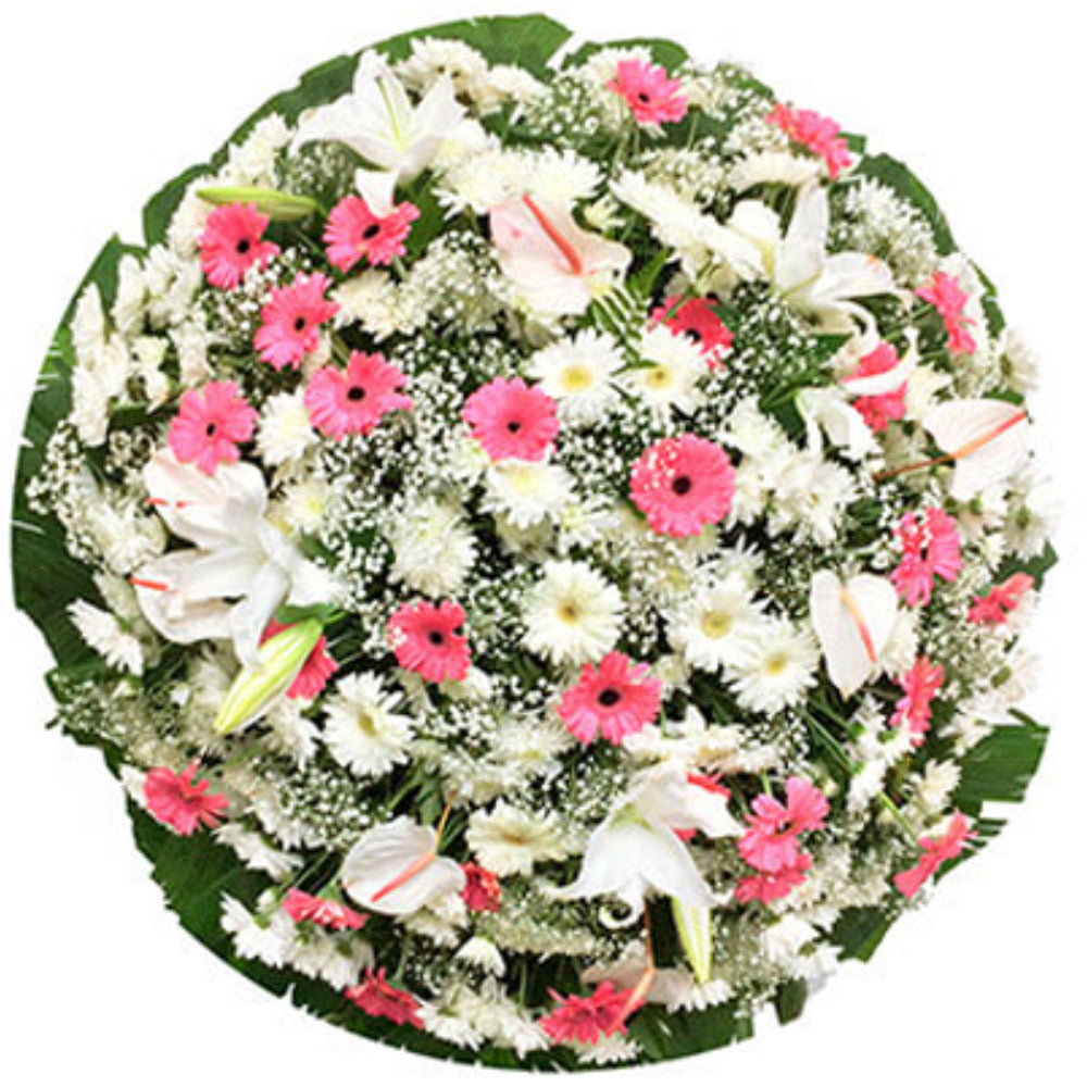 Imagem da coroa de flores com gérberas rosas e brancas, anthurium e gipsofila em tamanhos P (R$297,00), M (R$349,00) e G (R$396,00)