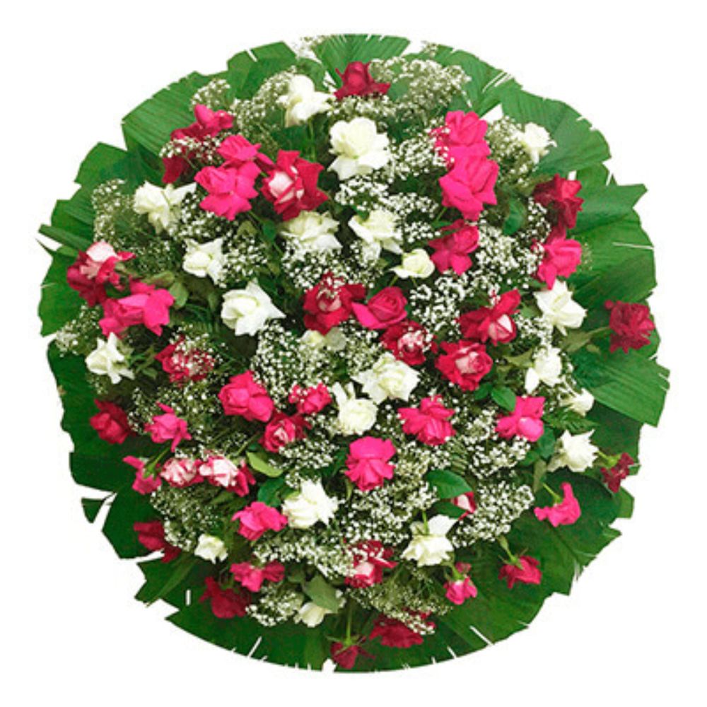 "Imagem do coroa de flores com três rosas de cores diferentes em tamanhos P (R$397,00), M (R$490,00) e G (R$550,00)